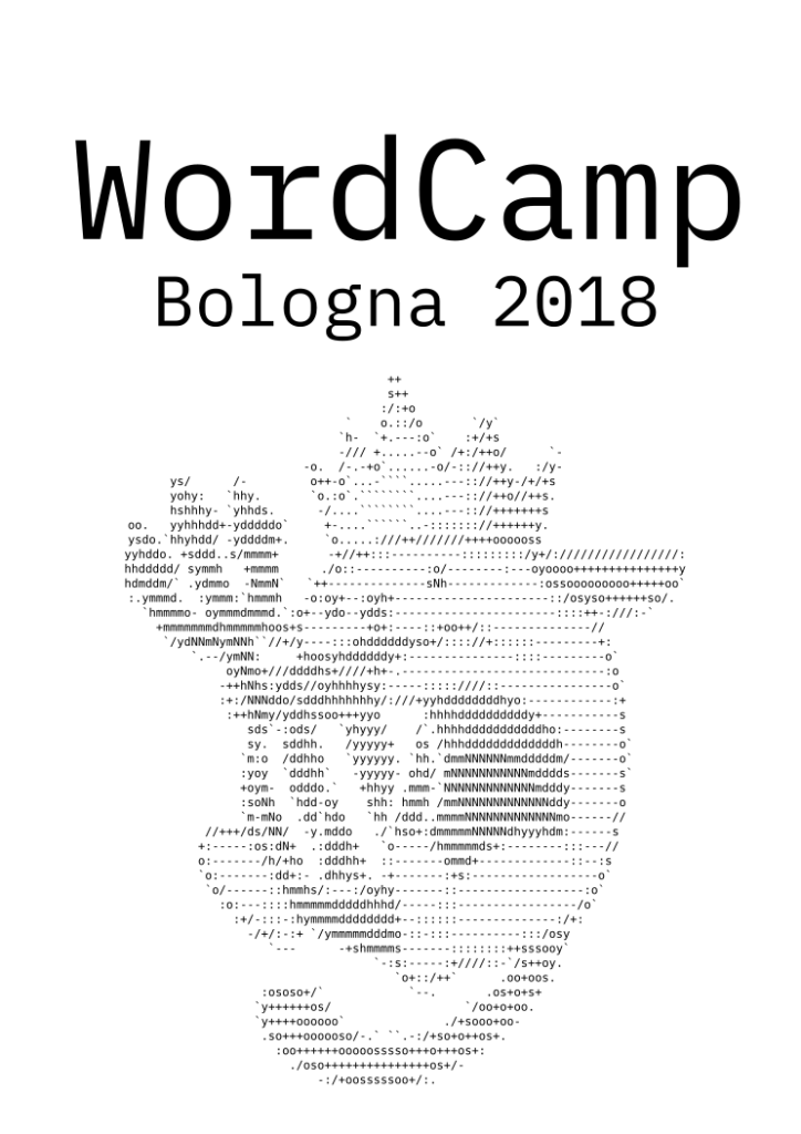 WordCamp Bologna 2018 ASCII art: the event title above an ASCII-art Wapuu