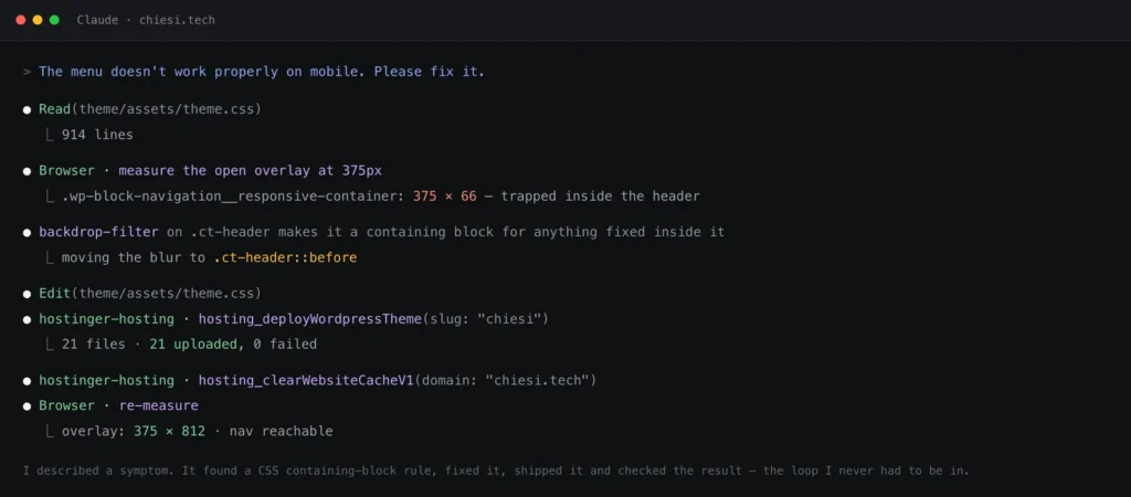 A Claude Code session diagnosing a backdrop-filter containing block, editing the stylesheet, deploying it and re-measuring the overlay