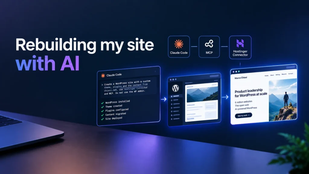 Title graphic: “Rebuilding my site with AI”, with Claude Code connected through MCP and the Hostinger Connector, a terminal running the build, the WordPress dashboard, and the finished site