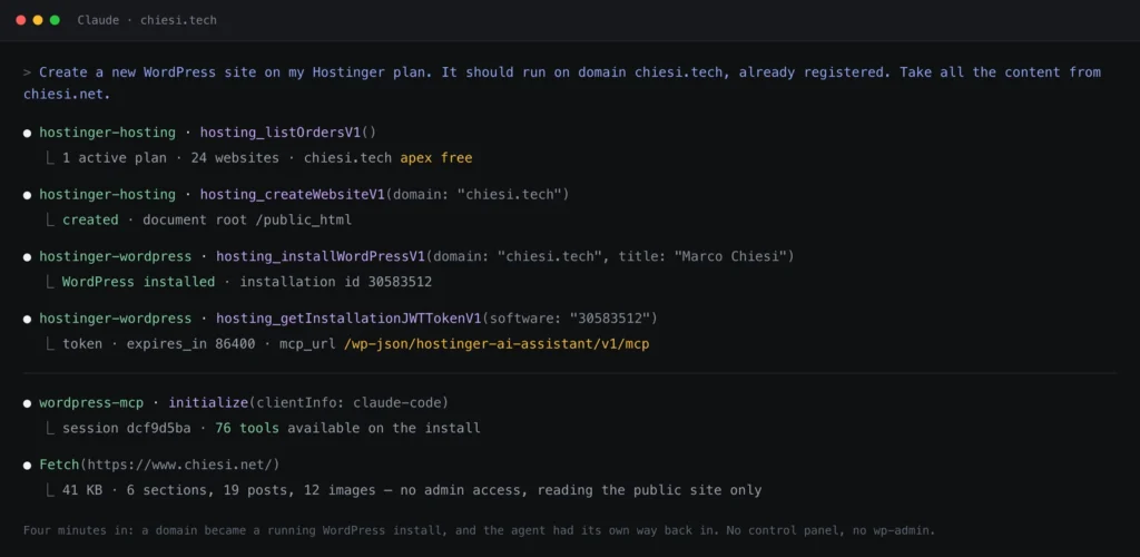 A Claude Code session creating a website, installing WordPress and opening an MCP session against the new install